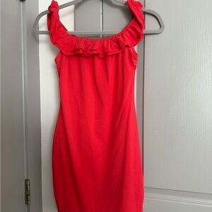 by the way. Vibrant Red Ruffle Dress